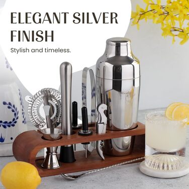 Набір для приготування коктейлів Mixology & Craft Cocktail Set (10 предметів) - Набір шейкерів для коктейлів з нержавіючої сталі з аксесуарами для бару на дерев'яній бамбуковій підставці - Декоративний подарунковий набір - Сріблястий