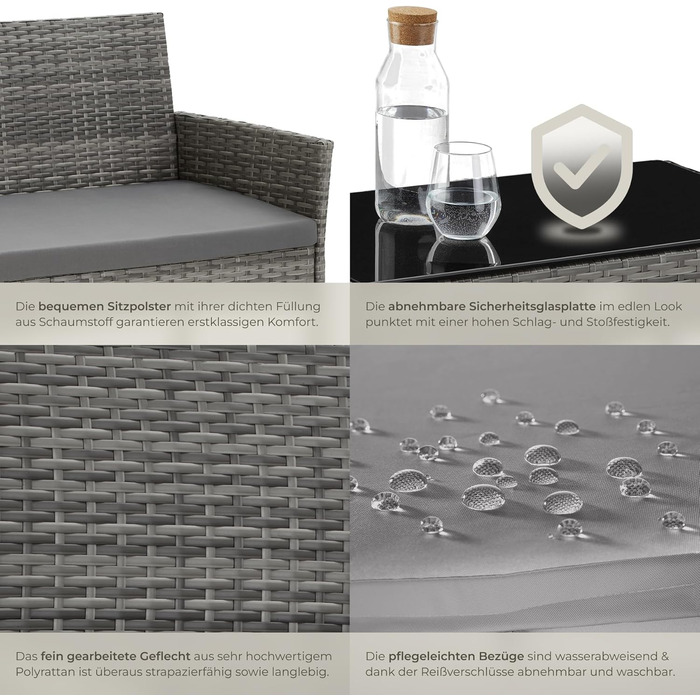 Набір садово-розкладних меблів tectake® з ротангу: банкетка, 2 крісла, столик, подушки, для балкона/тераси (сірий)