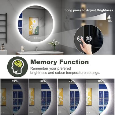 Дзеркало для ванної кімнати S'bagno Runder з підсвічуванням 60 см, антизапар, 3000K/4000K/6500K, регулювання яскравості, HD скло, функція пам'яті, IP44, 60x60 см