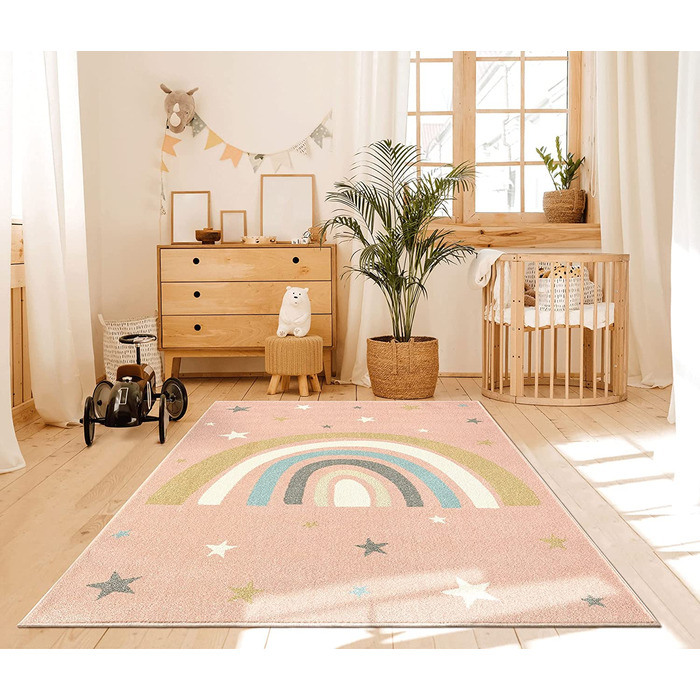 Сучасний дитячий килим з м'яким ворсом, що не вимагає особливого догляду, стійкий до фарбування, з райдужним малюнком (200 х 280 см, рожевий)