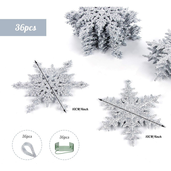 Сніжинки різдвяна прикраса кулон, пластикова ялинкова прикраса, блискуча ялинкова прикраса срібло, 36 шт.