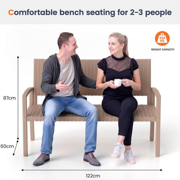 Садова лавка з поліротангу UDPATIO для тераси, балкону та саду, бежева (123x63x86 см, витримує до 320 кг)