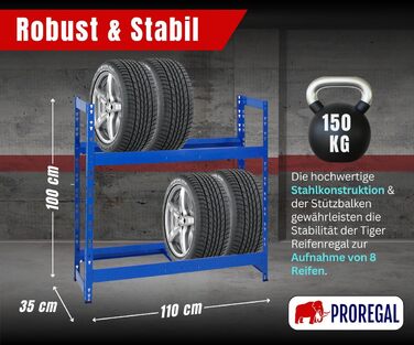 Стелаж для шин PROREGAL Tiger: 100x110x35 см, 150 кг навантаження, 8 шин, 2 рівні, блакитний