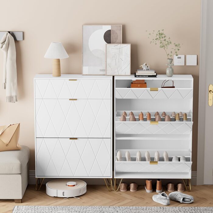Взуттєва шафа UEV з 2 відкидними дверцятами, 80 x 24 x 120 см, на 16 пар взуття, з 1 висувною шухлядою, біла, вузька, для передпокою, економія місця