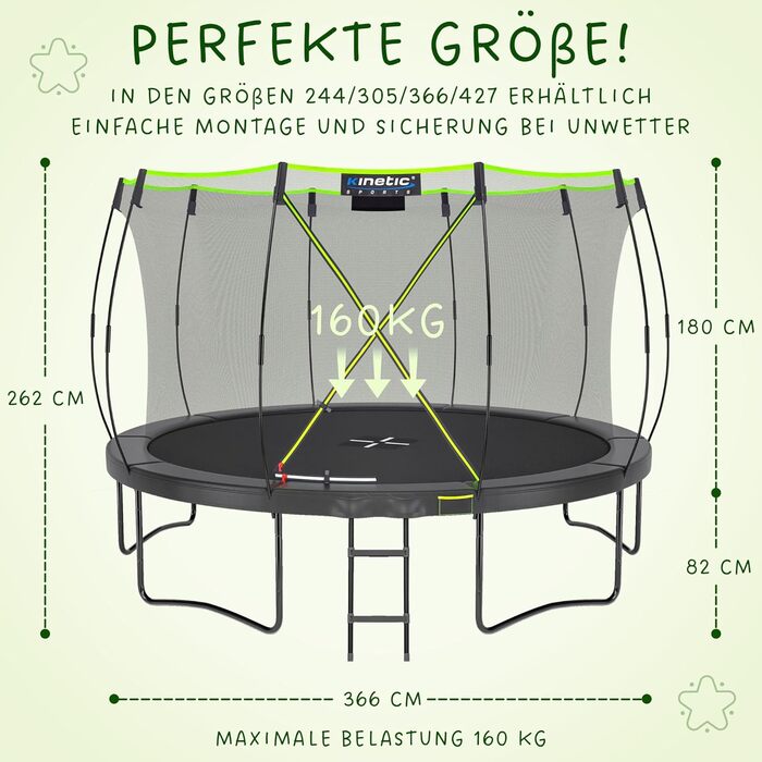 Батут Kinetic Sports 'Ultimate Pro' Ø366 см для дітей з драбиною та захисною сіткою - чорно-неоново-зелений