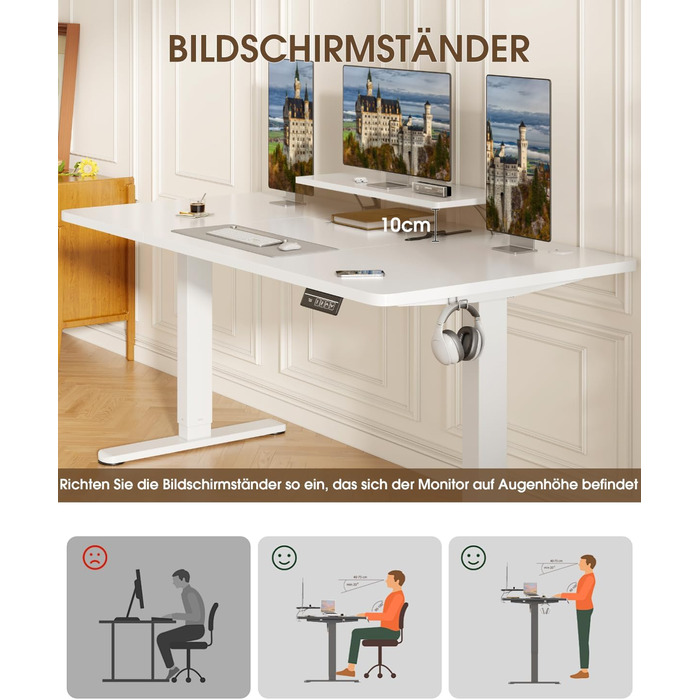 Електричний стіл Devoko з регулюванням висоти та підставкою для монітора, пам'ять 2 положення (білий, 180 x 80 см)