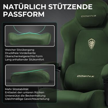 Ігрове крісло Dowinx з масажем попереку, регульованою підголівником, потовщеним сидінням, висувною підніжкою, регульованими підлокітниками, мікрофіброю велюром, нахилом 160°, (зелене)