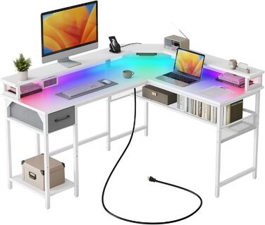 Комп'ютерний стіл CubiCubi L-подібний з розеткою, великий кутовий офісний стіл, коричневий (148 x 120 см) з LED підсвіткою