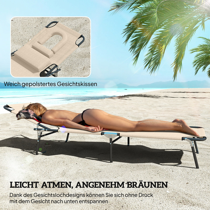 Шезлонг для відпочинку з отвором для обличчя та подушкою, складаний, з водовідштовхувальним покриттям, металевий каркас, бежевий