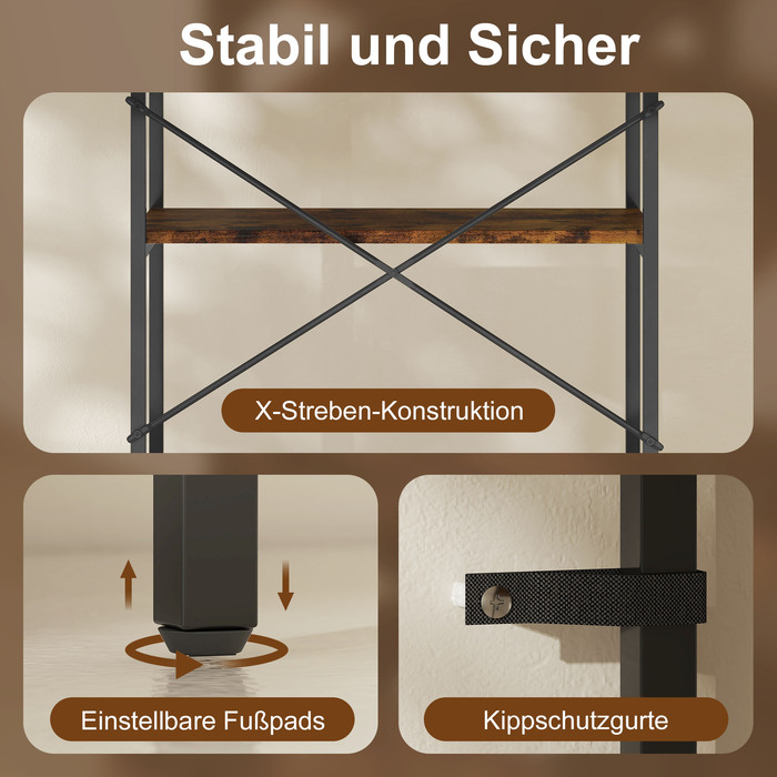 HOMCOM Полиця для книг, 5 ярусів, металева конструкція, поверхня з меламіну, коричнева