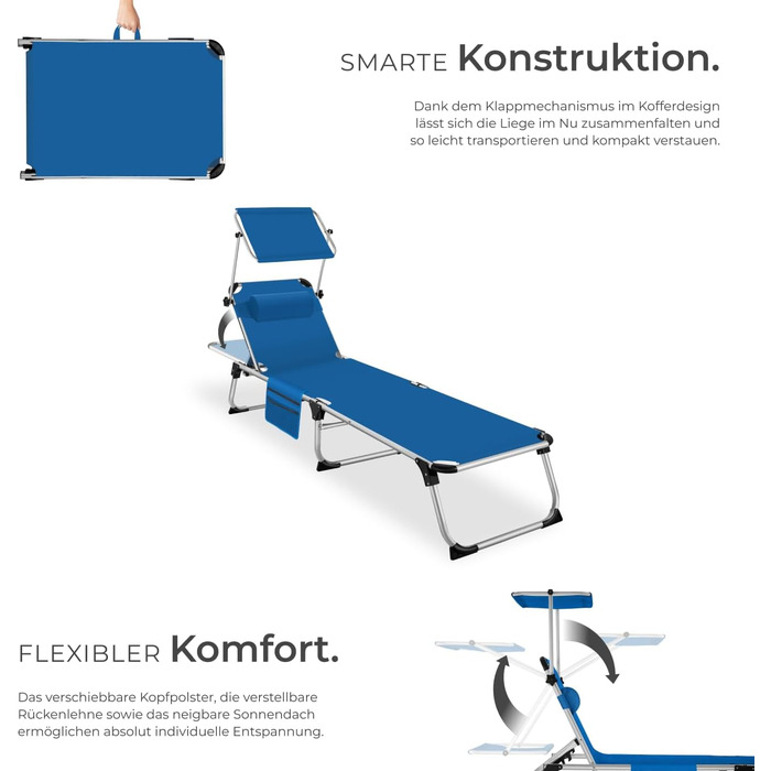 Шезлонг Tectake з дахом, шезлонг для балкона з алюмінію, складаний садовий шезлонг, стійкий до погодних умов, лежак для саду, кемпінгу та пляжу, регульована спинка, подушка для голови, бічна кишеня - сірий меланж (блакитний)