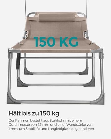 Лежак для відпочинку SONGMICS, розкладний, 193 x 53 x 29 см, до 150 кг, захист від сонця, подушка, регульована спинка, для саду, басейну, тераси (Taupe, без наматрацу)