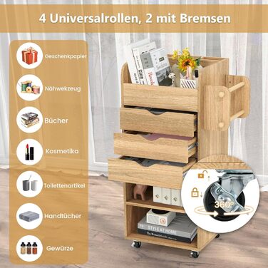 Роликовий контейнер COSTWAY з 3 висувними ящиками, візень для рукоділля з 2 стійками та 3 полицями, дерев'яний шафка на колесах, багатофункціональний візень для офісу та робочого кабінету (білий, натуральний колір)
