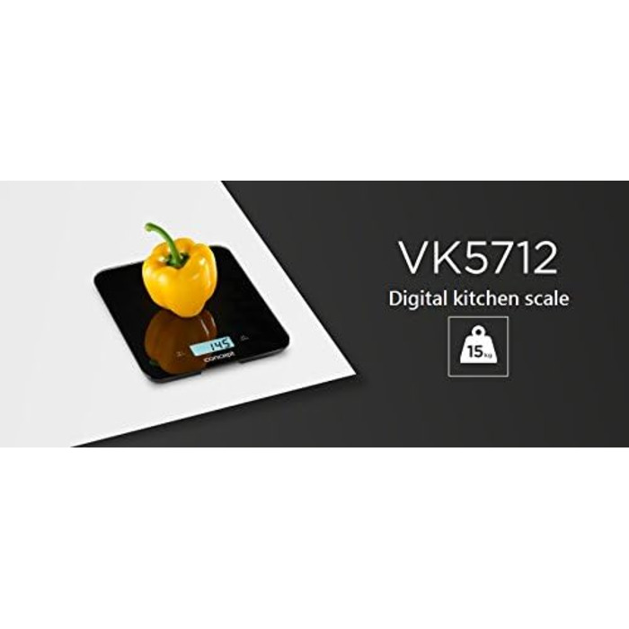 Побутова техніка VK5712 Ваги кухонні, дисплей часу, таймер, вантажопідйомність до 15 кг, LCD дисплей, також для настінного монтажу, нержавіюча сталь, чорний
