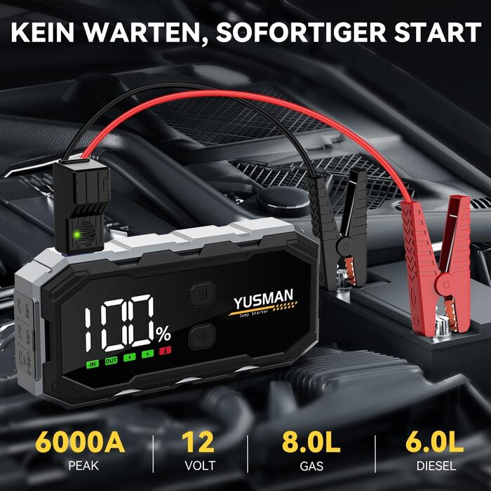 Powerbank для автомобіля Starthilfe: 6000A, 12V, бустер для акумулятора, LCD-дисплей, 4 режими LED-підсвічування. Підходить для бензинових (8L) та дизельних (6L) авто, SUV, мотоциклів, газонокосарок.