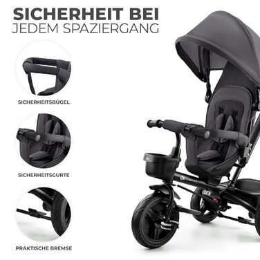 Триколісний велосипед Kinderkraft Aveo для дітей від 9 місяців до 25 кг з батьківською ручкою, поворотне сидіння, складна конструкція, кошик та тримач для напоїв, сірий колір