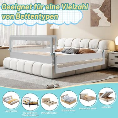 Бортик для ліжка дитячого 200 см, сірий, складаний на 180 градусів, регульована висота 72-86 см, з ременями кріплення