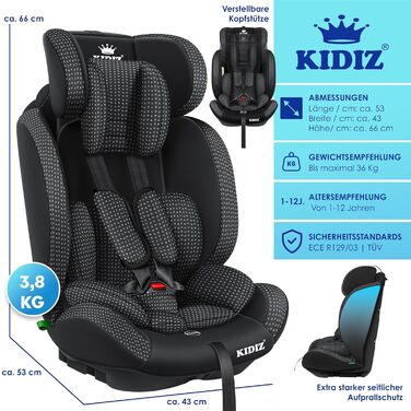 Дитяче автокрісло KIDIZ® Triangle Premium - 9-36 кг, 1-12 років, Група 1/2/3, чорний | Автокрісло, автокрісло-крісло