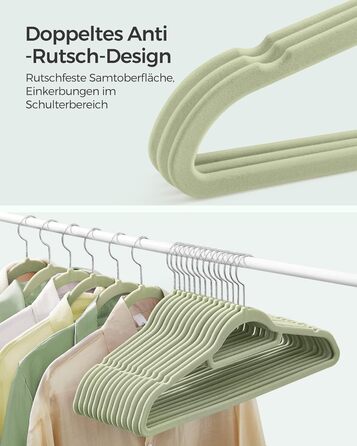 Плечики SONGMICS для одягу, велюрові, 20 шт., антиковзаючі, для краваток, 360° обертання, 0,6 см, економія місця, 43,5 см, для пальто, штанів, срібно-світло-зелені