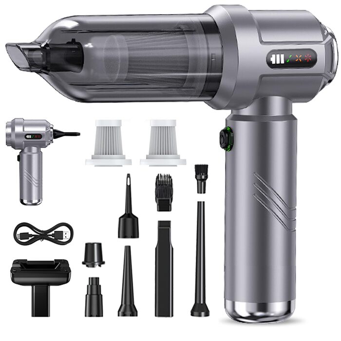 Акумуляторний ручний пилосос 4-в-1 (22000Па), бездротовий електричний пилосос та повітродувка для авто, дому, кухні та шерсті тварин, 3 режими, сріблястий