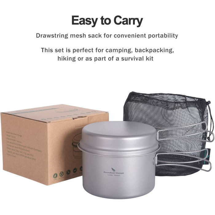 Набір кухонного посуду iBasingo Titan Topf Pfanne Set 1200мл & 500мл: каструля, сковорода, миска для кемпінгу, туризму, приготування їжі на природі. Легкий набір з 2 шт. з розкладним ручками. Ідеально для 1 особи. Ti2110C