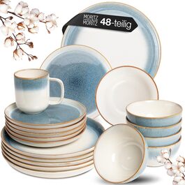 Набір посуду Moritz & Moritz TARENTO 48 предметів (12 осіб) - 48-місний набір посуду з високоякісної кераміки, 12 обідніх тарілок, 12 десертних тарілок, 12 супових тарілок та 12 чашок, блакитний колір