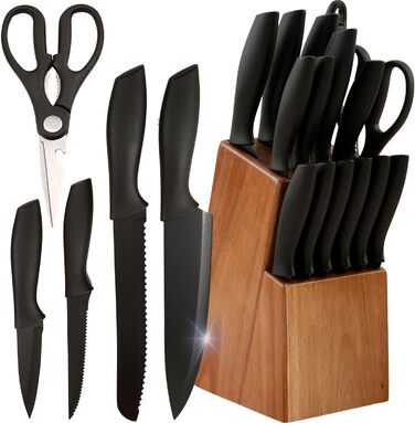Набір ножів кухонних 15 шт. з дерев'яним блоком (з ножицями та точилкою). Набір ножів з блоком з масиву акації