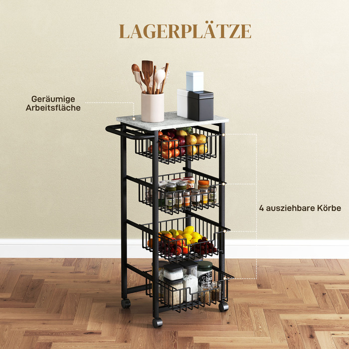 Візок кухонний HOMCOM 4-ярусний на колесах, мобільний сервірувальний візок, кухонний тележка з 4 сталевими кошиками