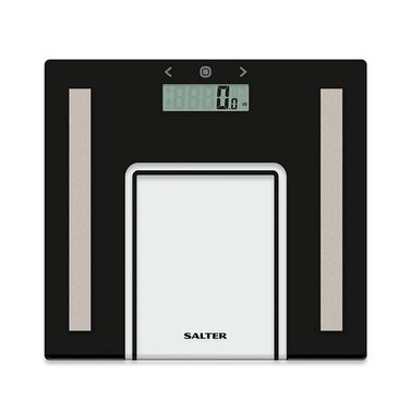 Ультратонкі скляні ваги для тіла Salter 9158 SV3R, макс. 180 кг, цифрові ваги для ванної кімнати вимірюють вагу, жир/воду, ІМТ, 8 користувачів, режим спортсмена, батареї в комплекті (чорний/прозорий)