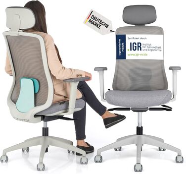 Ергономічне крісло Schekka® для офісу - переможець тестів. Індивідуальне регулювання, підтримка голови та попереку, 3D підлокітники, дихаюча сітка. Макс. вага 150 кг (Світло-сірий/М'ятний)