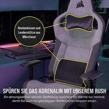 Ігрове крісло Corsair T3 RUSH Fabric (2023) – комфорт та стиль, натхненний автоспортом, тканинне покриття, підголовник та поперекова підтримка з пам'яті форми, антрацит