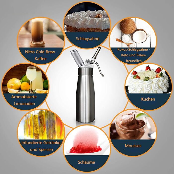 Дозатор для вершків 250 мл з 3 насадками з нержавіючої сталі та щіткою, 0,25 л. Алюмінієвий дозатор для гарячих та холодних вершків, збитих вершків та соусів