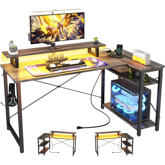 Кутовий ігровий стіл L-подібний з LED-підсвіткою та розетками, комп'ютерний стіл з полицями, обертовий, з підставкою для монітора, 120 x 70 см, дуб Грау Ейх