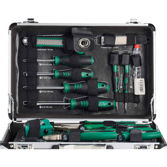 Набір інструментів Brüder Mannesmann 90 предметів в алюмінієвому кейсі M29067: плоскогубці, викрутки, тріскачка, тестер напруги