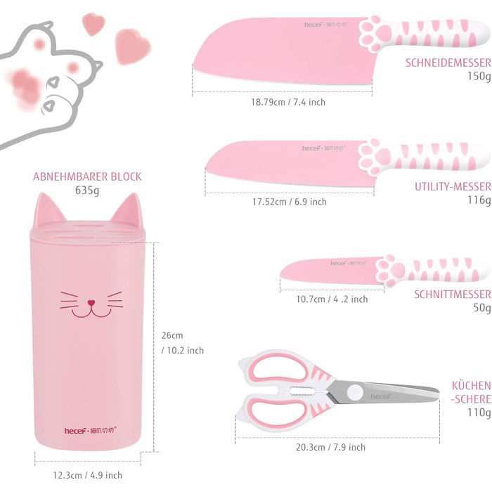 Набір кухонних ножів Hecef: 5 штук у блоці, рожевий, з ручками у формі котів