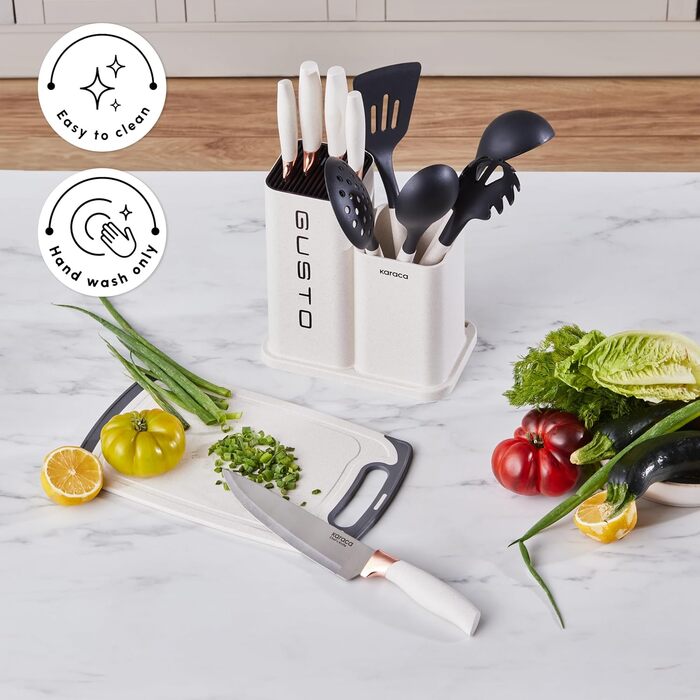 Набір ножів Karaca Gusto 12 предметів з дерев'яною підставкою та кухонними аксесуарами, з нержавіючої сталі, ергономічні ручки, кремовий колір