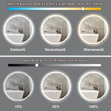 Дзеркало для ванної кімнати Mursche з підсвічуванням LED, 50x70 см, IP44, сенсорний вимикач, годинник, антизапарник, регулювання яскравості 3000K-6500K