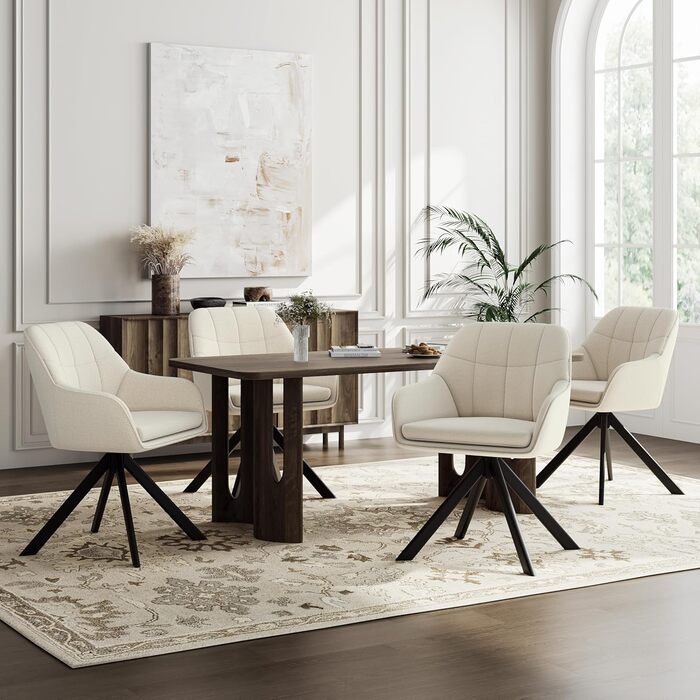 Набір з 2 обертових стільців для їдальні/кухні, бежевий, з підлокітниками, поліестер, металеві ніжки