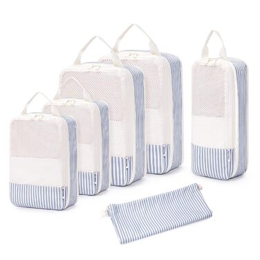 Набір органайзерів для подорожей Narwey (6 шт), компресійні органайзери для валізи та рюкзака, набір пакувальних кубів для одягу, сіро-блакитні смужки