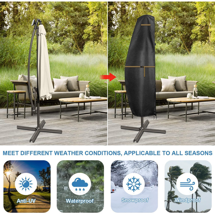 Захисний чохол для подвійного парасоля VANSHEIM, діаметр до 400 см. Водонепроникний, захист від УФ-променів. Підходить для парасолів-наметів з ніжкою. Розмір 460x270 см (220x45/70/50 см).