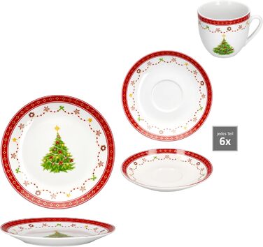 MamboCat Кавовий сервіс на 6 осіб (18 предметів) з різдвяним декором | 6 чашок 190 мл, 6 підставок, 6 тарілок | Фарфор, для святкування Різдва та Миколая