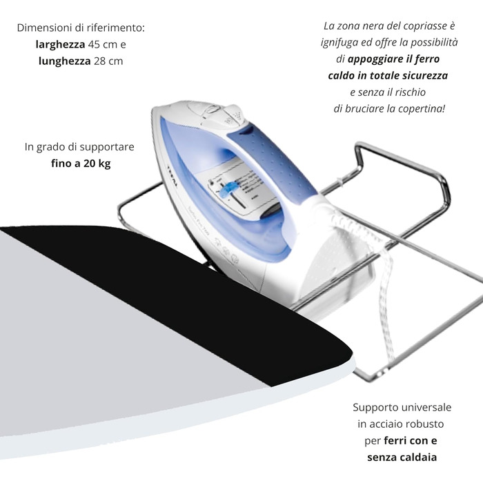 Прасувальна дошка Elegant Plus - Зроблено в Італії - 125 x 46 см - Прасувальна дошка з хромованої сталі - м'яка кришка з вогнетривкою зоною
