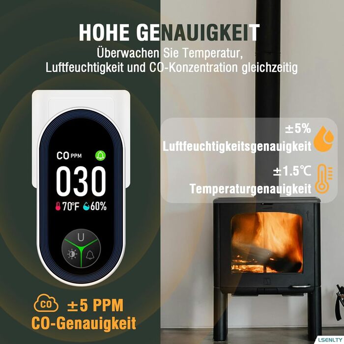 Виявлювач CO з HD-дисплеєм для дому та кемпінгу: 3-в-1 (CO, температура, вологість)