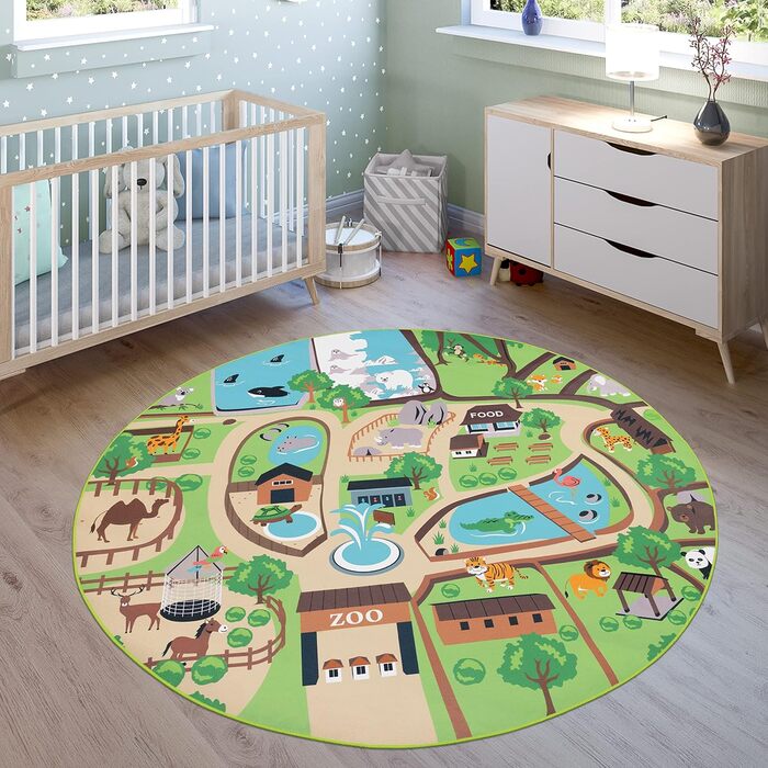 Дитячий килимок для дитячої кімнати, ігровий килимок, зоопарк з тигром, ведмедем, левом, барвистий, розмірØ 160 см Круглий, бежевий, 10-348-4-1252 Ø 160 см Круглий бежевий
