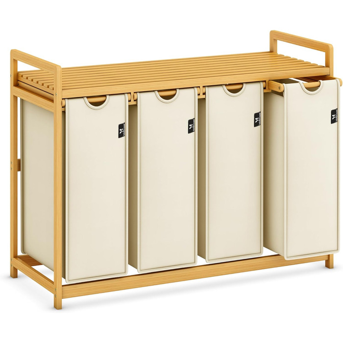 Кошик для білизни AdelDream Premium 200L з 4 відділеннями, бамбуковий каркас, знімний мішок, бежевий | Кошик для білизни для ванної та спальні