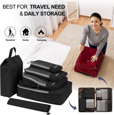 Набір компресійних органайзерів для одягу в подорож, стислий пакувальник для валізи та рюкзака, 6 шт, чорний