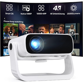 Розумний проєктор Beamer 4K Full HD 1080P, 25000 люмен, Android 11, WiFi 6, BT 5.2, обертовий штатив, для домашнього кінотеатру, сумісний з iOS/Android/Laptops, чорний