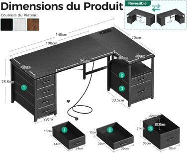 Комп'ютерний стіл Coleshome L-подібний з висувними ящиками з тканини, USB-порт та розетка, для дому та офісу (Чорний, 140x70 см)