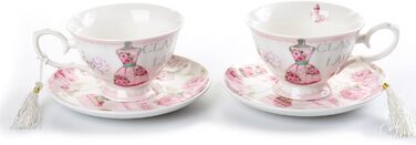 Набір чашок та блюдець London Boutique, Шabby Chic, вінтажний дизайн, порцеляна з квітковим візерунком, 2 комплекти в подарунковій коробці, кераміка (Роза)