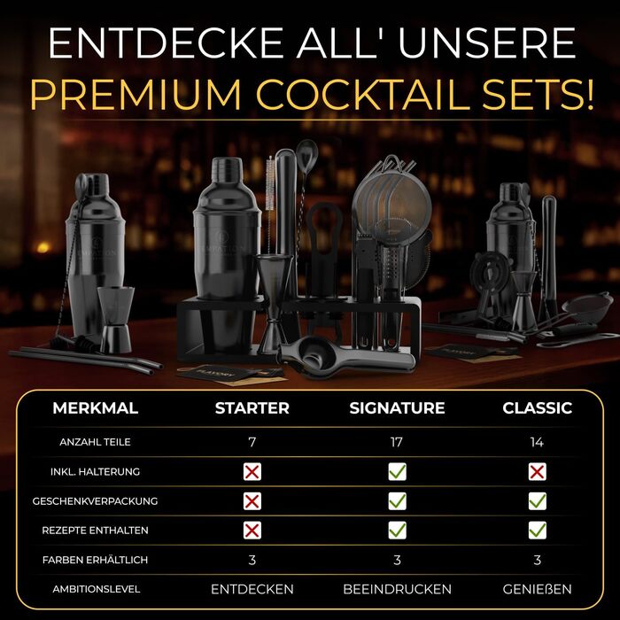 Набір для коктейлів Cobbler 700 мл з нержавіючої сталі, без розливання, професійний шейкер для коктейлів з підставкою та книгою рецептів, набір для барменів (стартовий набір, чорний)